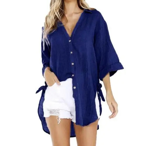 Oversized Button Down Blouses/Linen Shirts Women/Irregular Hem Belt Buttons Top/Woman Turn Down Collar.