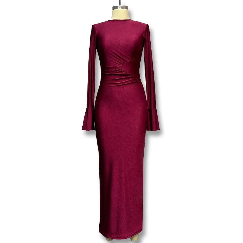 Solid Slim Fitted Maxi Dress/Color Neck Square/Shoulder Bell Sleeve/Ruched Knitted/Thin Ankle-Length for Bodycon Dress.