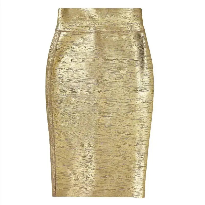 Gold Metallic High-Waist Bodycon Midi Skirt for Women – Stretch Fitted Pencil Skirt