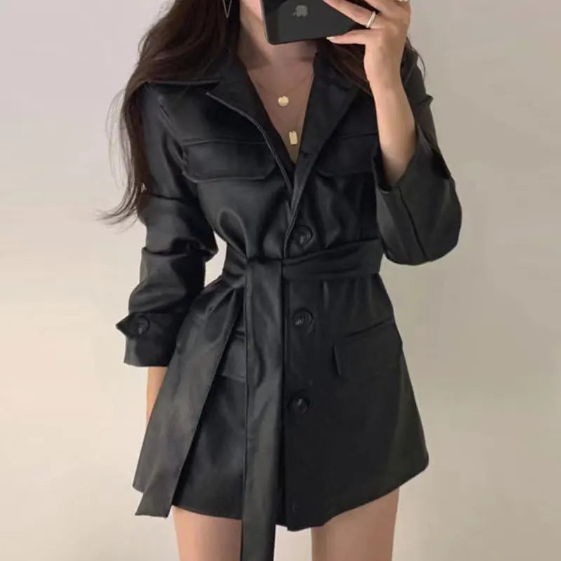 Black Faux Leather Trench Coat Dress with Belt – Chic Women’s Jacket