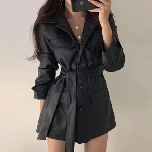 Black Faux Leather Trench Coat Dress with Belt – Chic Women’s Jacket