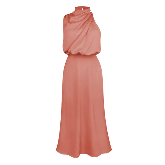 Elegant Satin Halter Midi Dress for Women – Luxury High Neck Sleeveless A-Line Party & Wedding Guest Dress | Modern Blend Boutique