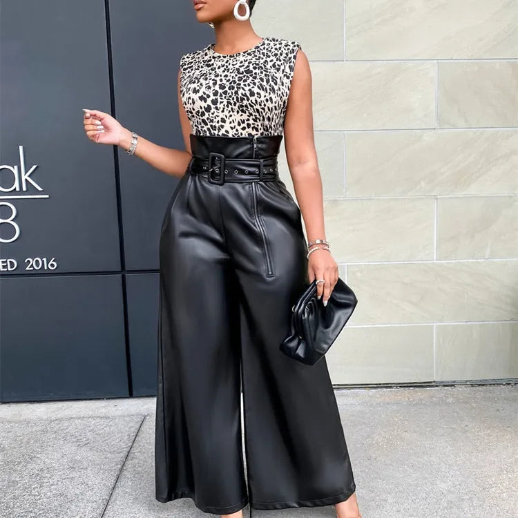 Luxury Olive Green High-Waist Belted Wide-Leg Trousers – Elegant PU Leather Paperbag Pants for Women with Statement Belt
