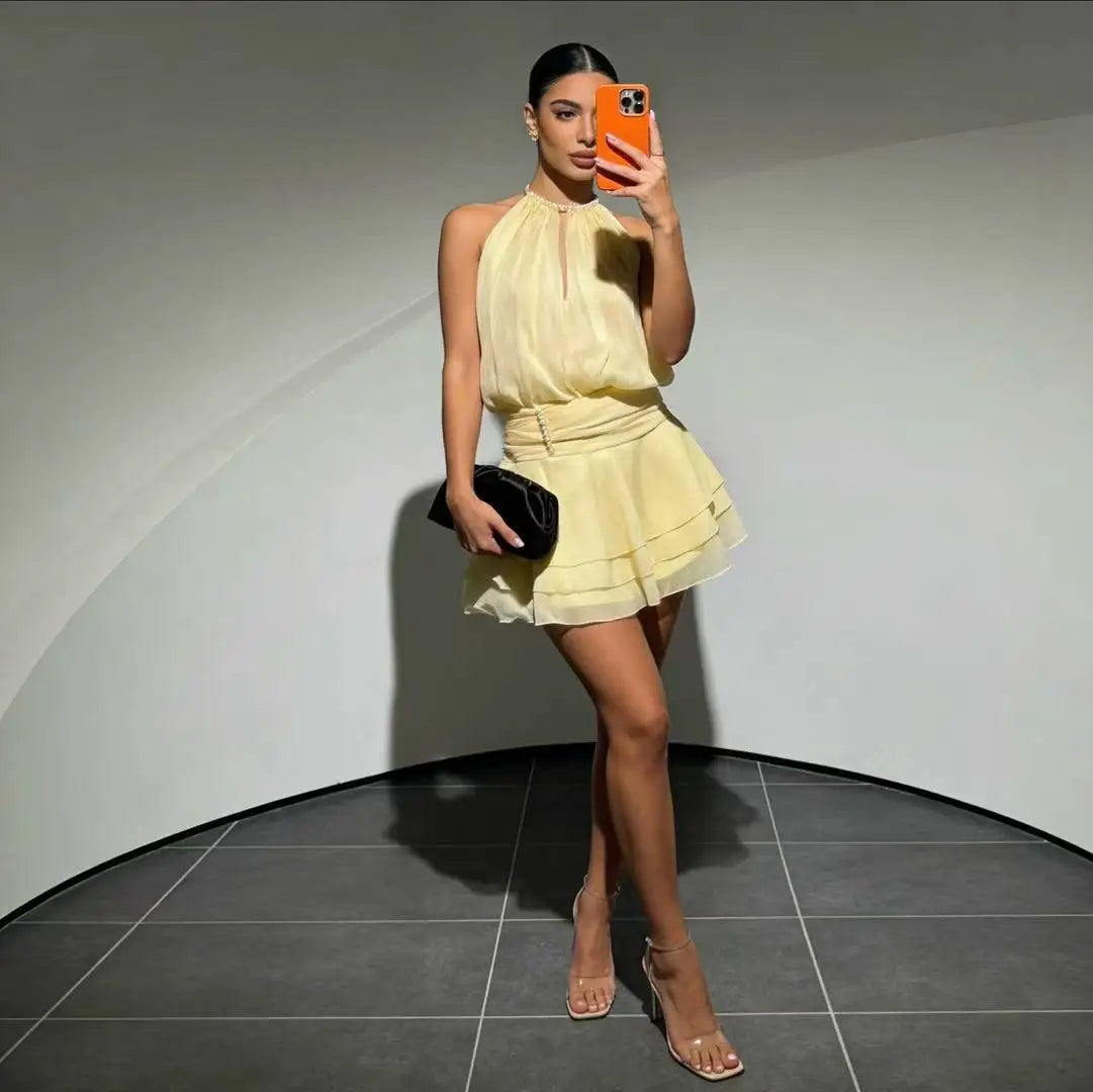 Elegant Pink Pearl Halter Mini Dress for Women – Sleeveless Layered Ruffle Chiffon A-Line Party Dress