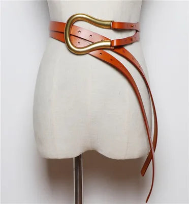Luxury Sculpted Gold Buckle Waist Belt for Women | Adjustable Leather Belt in Red & Brown