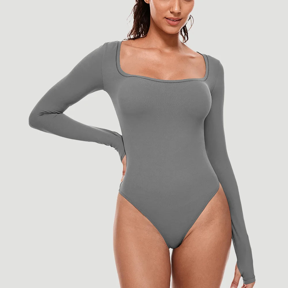 Luxury Long Sleeve Square Neck Bodysuit for Women – Slim Fit Stretch Bodycon Top | Modern Blend Boutique