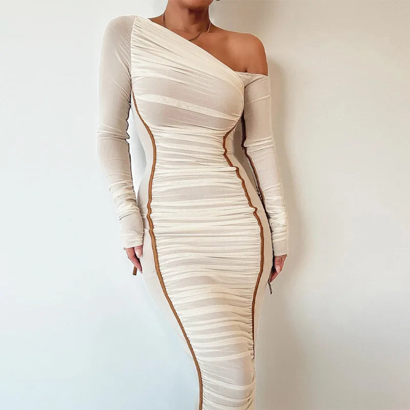 Elegant One-Shoulder Ruched Midi Dress – Sculpted Silhouette Luxury Dress