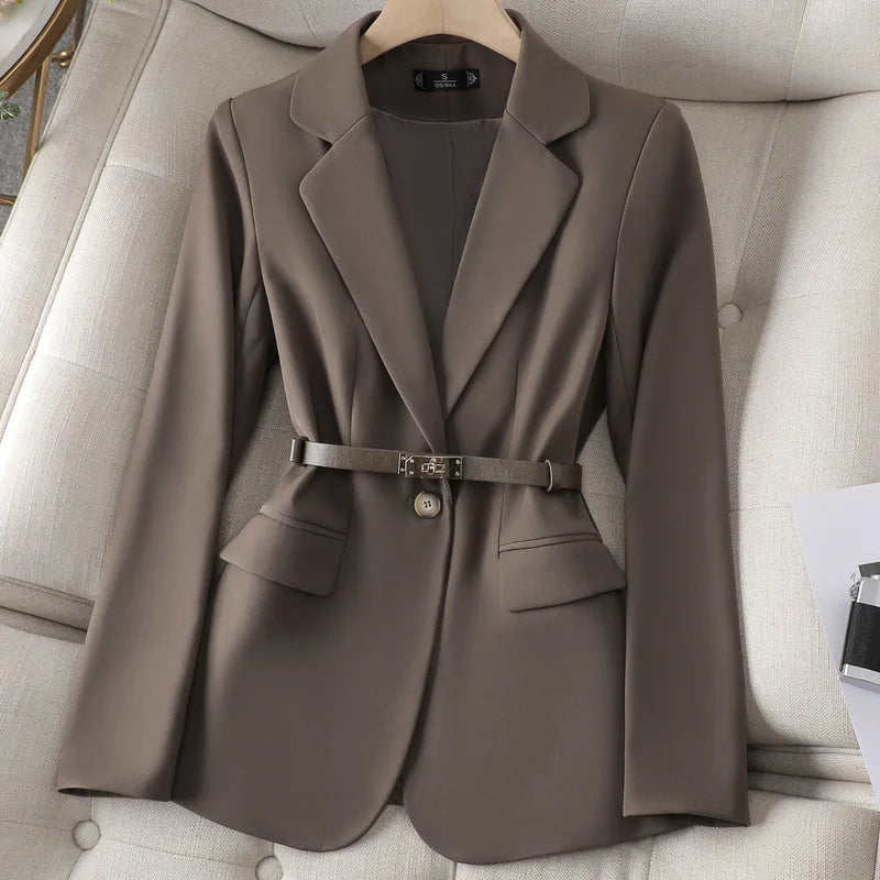 Formal Suited Knitted Blazer/Long Sleeved With Belt/Office Lady Jacket/Solid Colored Suit/Lapel V-neck Elegant Wear.