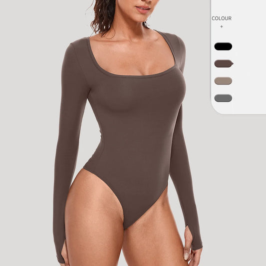 Luxury Long Sleeve Square Neck Bodysuit for Women – Slim Fit Stretch Bodycon Top | Modern Blend Boutique
