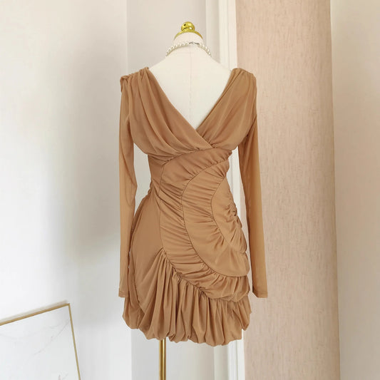 Luxury Nude Ruched Long Sleeve Mini Dress with V-Neck & Draped Detail | Modern Blend Boutique