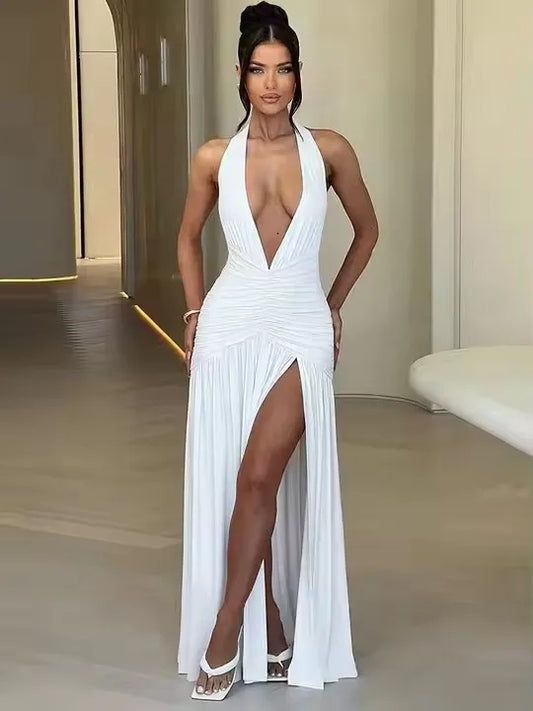 Long Halter Maxi Dress/Deep V Neck Backless Maxi Dress/Solid Sleeveless Thigh/High Split Dress/All Occasional.