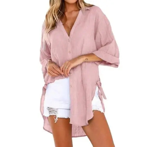 Oversized Button Down Blouses/Linen Shirts Women/Irregular Hem Belt Buttons Top/Woman Turn Down Collar.