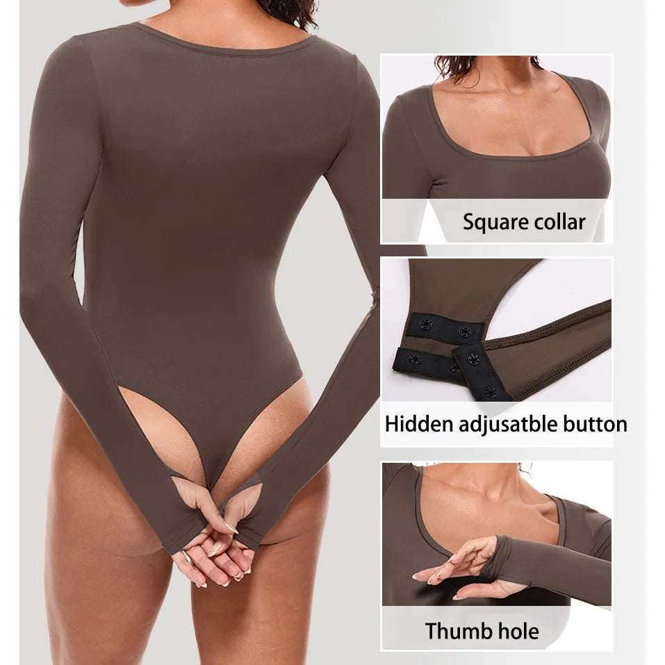 Luxury Long Sleeve Square Neck Bodysuit for Women – Slim Fit Stretch Bodycon Top | Modern Blend Boutique