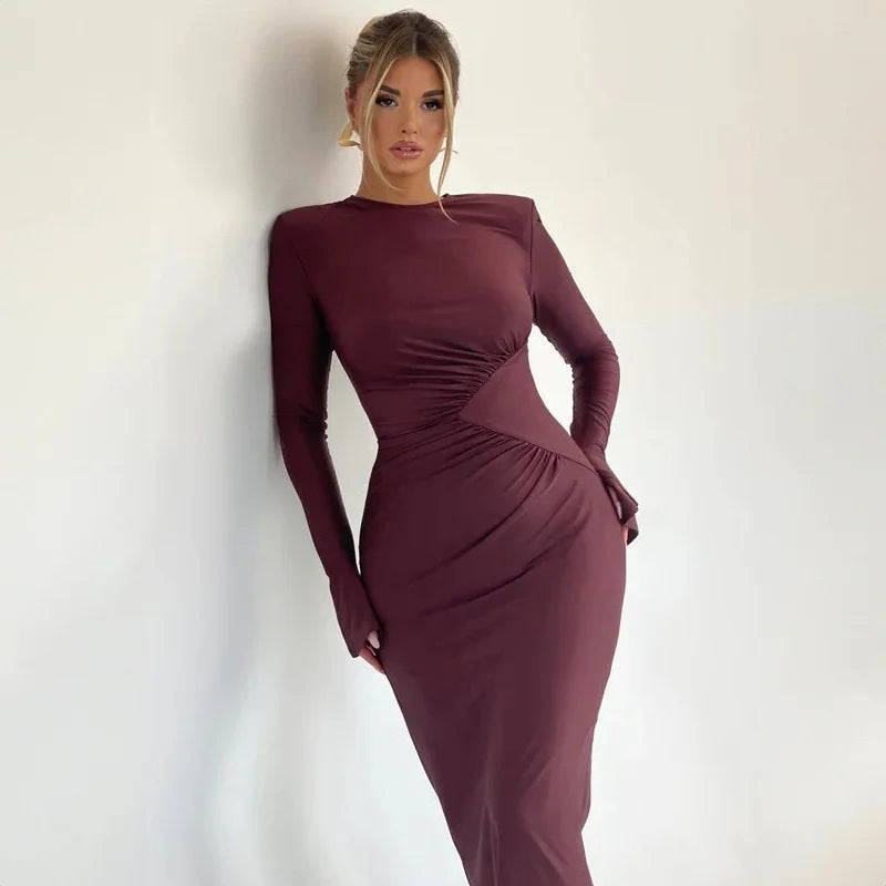 Solid Slim Fitted Maxi Dress/Color Neck Square/Shoulder Bell Sleeve/Ruched Knitted/Thin Ankle-Length for Bodycon Dress.