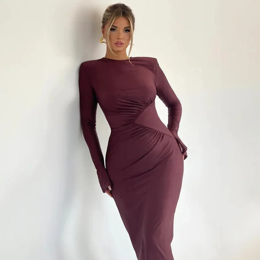 Solid Slim Fitted Maxi Dress/Color Neck Square/Shoulder Bell Sleeve/Ruched Knitted/Thin Ankle-Length for Bodycon Dress.
