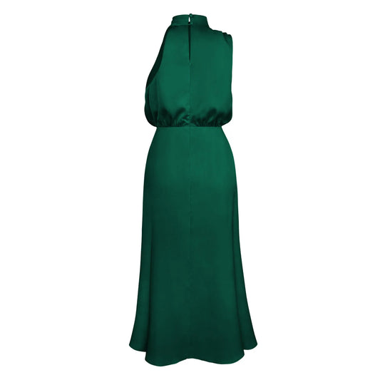 Elegant Satin Halter Midi Dress for Women – Luxury High Neck Sleeveless A-Line Party & Wedding Guest Dress | Modern Blend Boutique