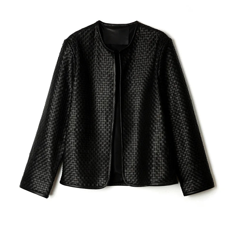 Genuine Leather Jacket/Women Stylish Vintage Jacket/Hand-Woven Sheepskin/O-Neck Cardigan Plaid Coat Outwear.