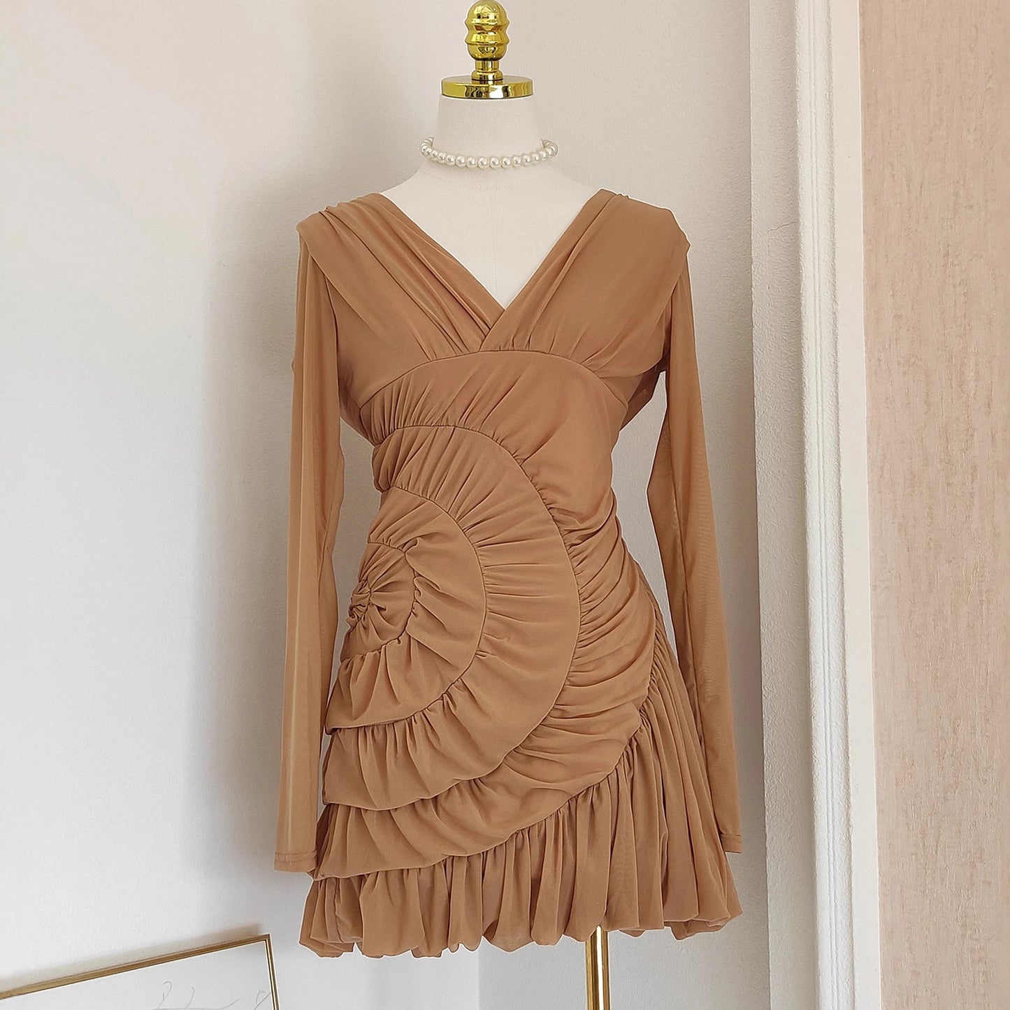 Luxury Nude Ruched Long Sleeve Mini Dress with V-Neck & Draped Detail | Modern Blend Boutique