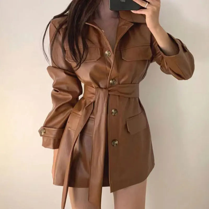 Black Faux Leather Trench Coat Dress with Belt – Chic Women’s Jacket