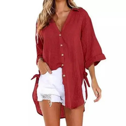 Oversized Button Down Blouses/Linen Shirts Women/Irregular Hem Belt Buttons Top/Woman Turn Down Collar.