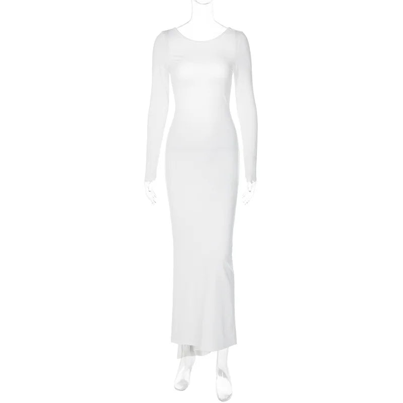 Long-Sleeve Backless Bodycon Maxi Dress Solid Cuched Sexy Design/Natural Digital.