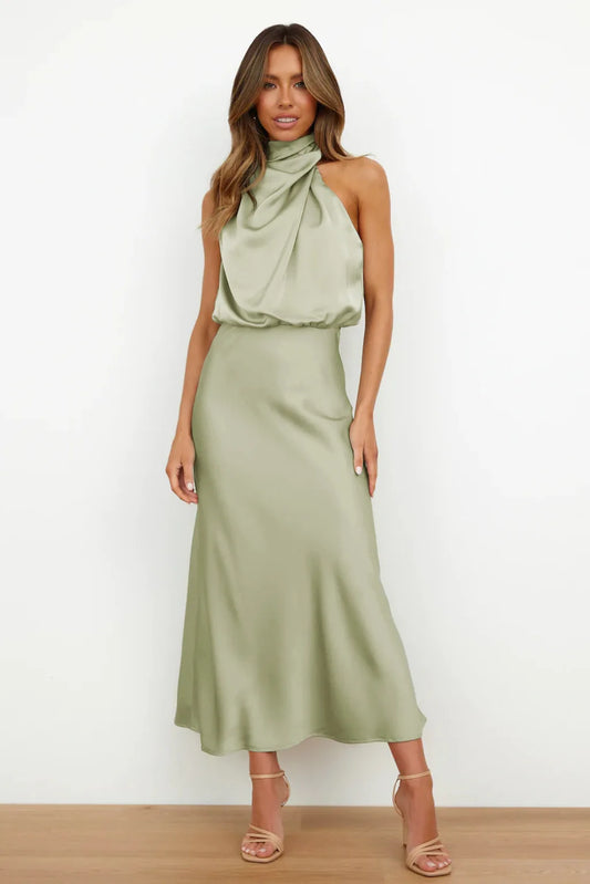Elegant Satin Halter Midi Dress for Women – Luxury High Neck Sleeveless A-Line Party & Wedding Guest Dress | Modern Blend Boutique