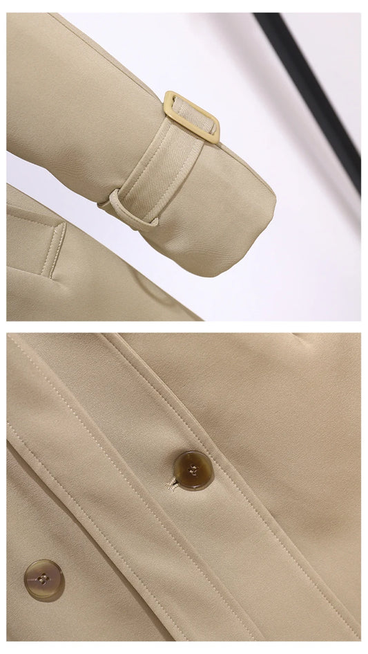 Classic Double-Breasted Belted Trench Coat for Women | Elegant Long Coat – Beige & Black