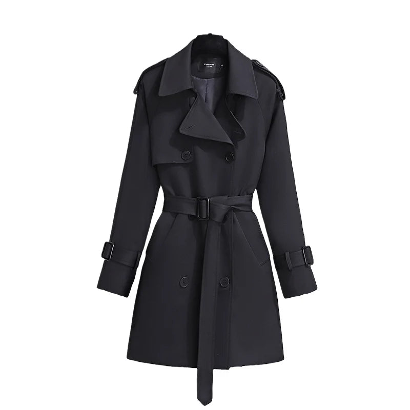 Classic Double-Breasted Belted Trench Coat for Women | Elegant Long Coat – Beige & Black