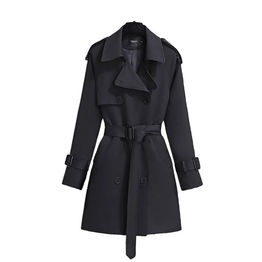 Classic Double-Breasted Belted Trench Coat for Women | Elegant Long Coat – Beige & Black
