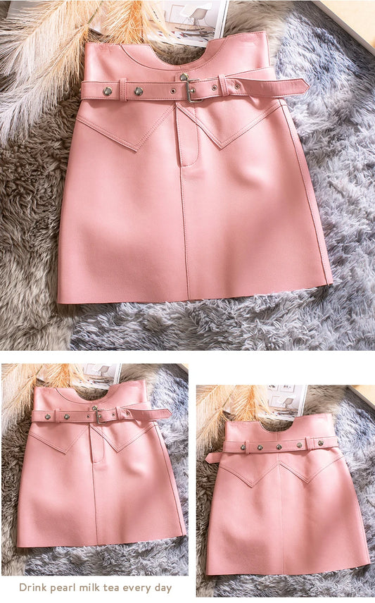Women’s Genuine Sheepskin Leather Mini Skirt – High Waist Belted Office Chic Skirt