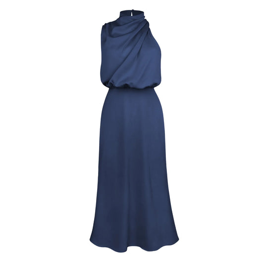Elegant Satin Halter Midi Dress for Women – Luxury High Neck Sleeveless A-Line Party & Wedding Guest Dress | Modern Blend Boutique