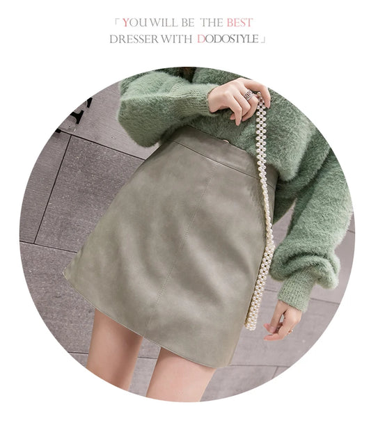 High-Waist Faux Leather & Suede A-Line Mini Skirt – Slim Fit Elegant Skirt for Women