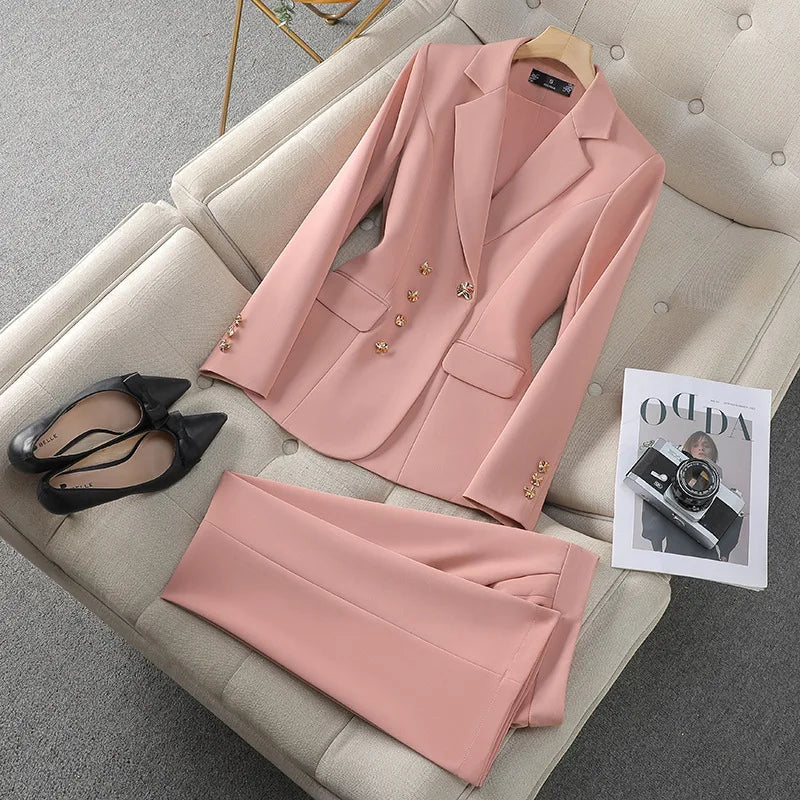 Elegant Women’s Business Suit Set – Tailored Blazer & Straight-Leg Pants 2 Piece Office Outfit | Professional Workwear Set for Women