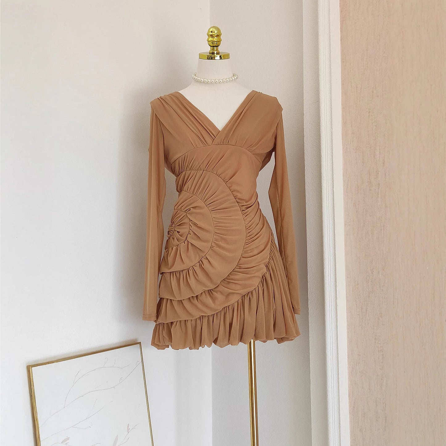 Luxury Nude Ruched Long Sleeve Mini Dress with V-Neck & Draped Detail | Modern Blend Boutique