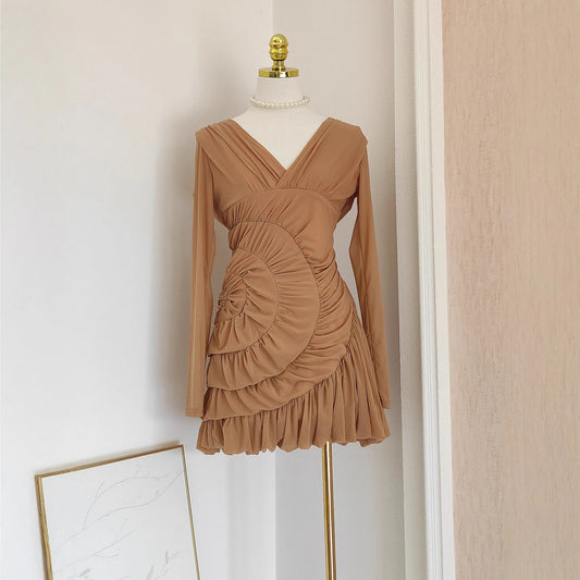 Luxury Nude Ruched Long Sleeve Mini Dress with V-Neck & Draped Detail | Modern Blend Boutique