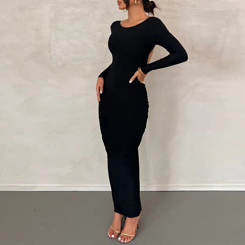 Long-Sleeve Backless Bodycon Maxi Dress Solid Cuched Sexy Design/Natural Digital.