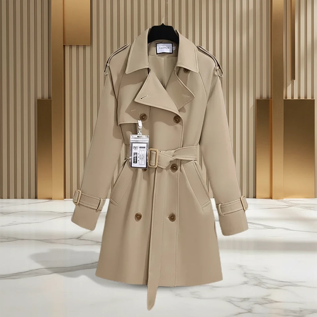 Classic Double-Breasted Belted Trench Coat for Women | Elegant Long Coat – Beige & Black