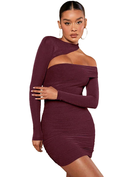 Elegant Bordeaux One-Shoulder Cutout Ruched Bodycon Mini Dress