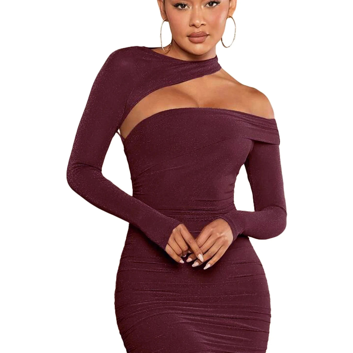 Elegant Bordeaux One-Shoulder Cutout Ruched Bodycon Mini Dress