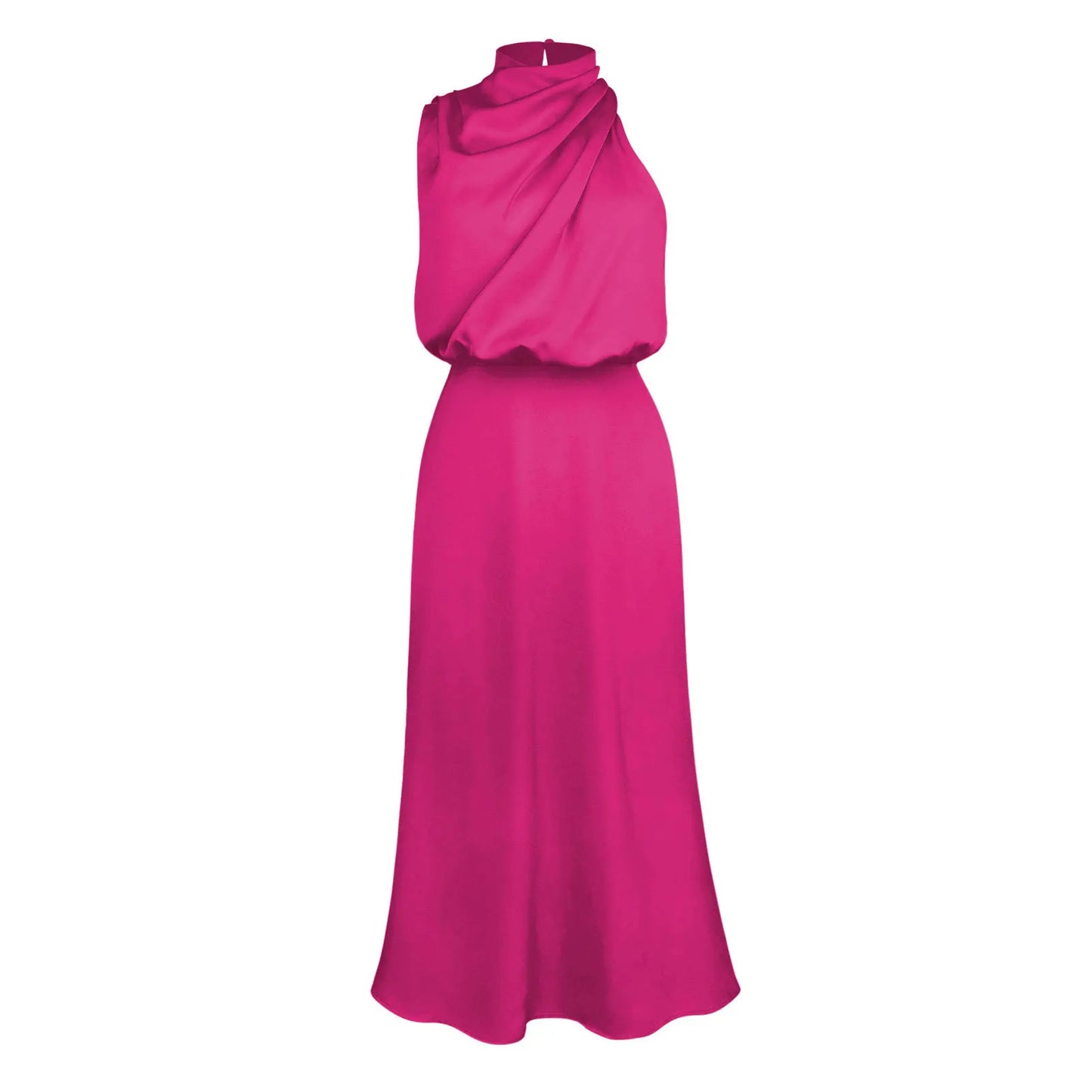 Elegant Satin Halter Midi Dress for Women – Luxury High Neck Sleeveless A-Line Party & Wedding Guest Dress | Modern Blend Boutique