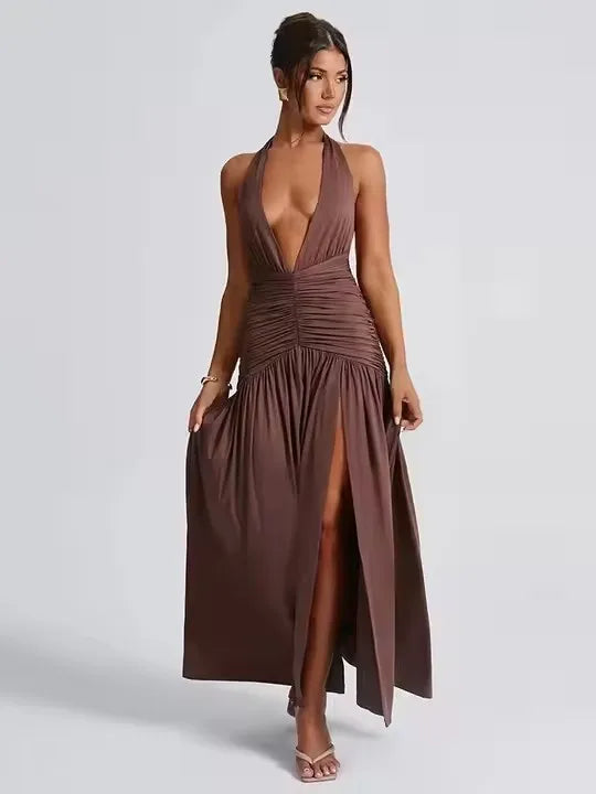Long Halter Maxi Dress/Deep V Neck Backless Maxi Dress/Solid Sleeveless Thigh/High Split Dress/All Occasional.