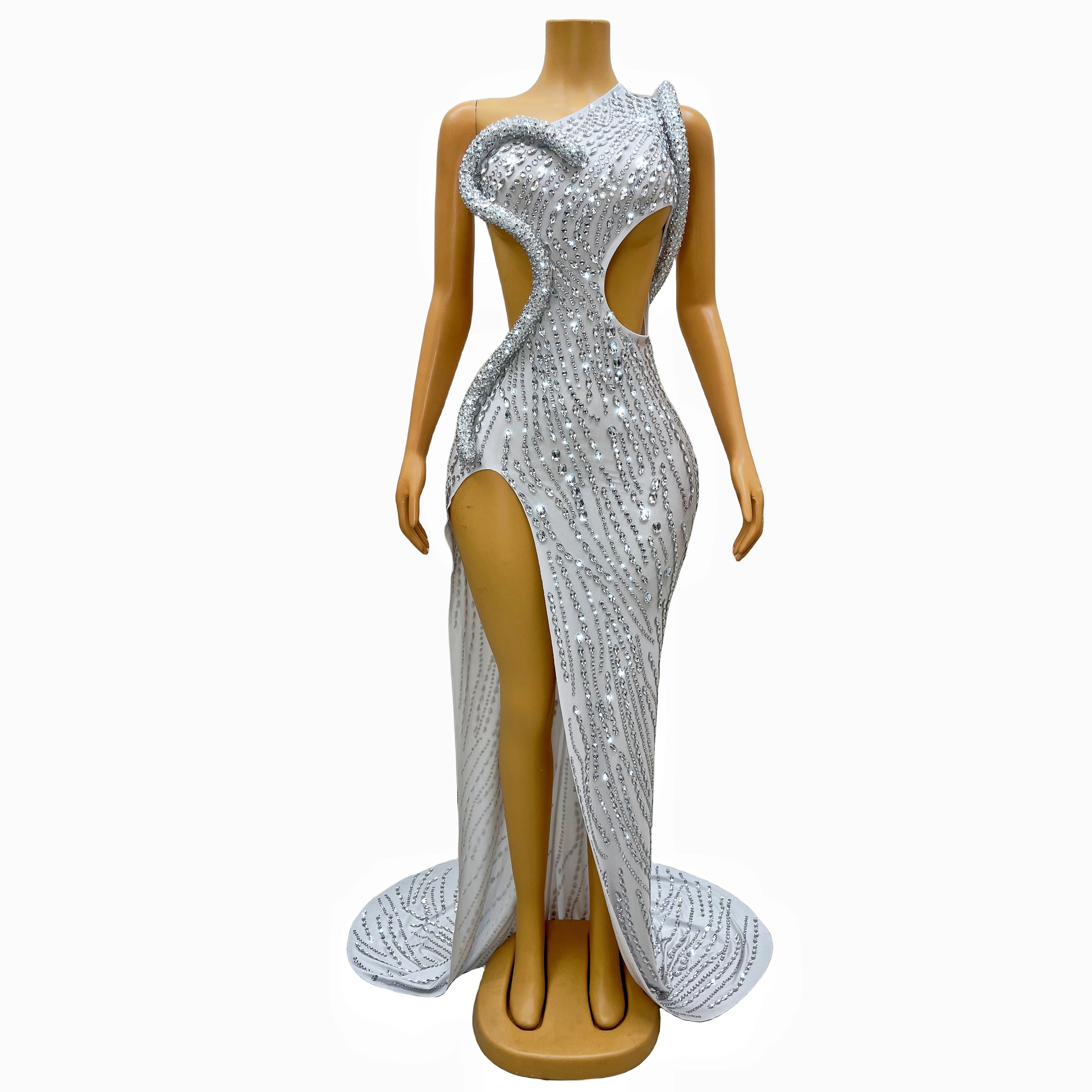 Novance Sparkle Rhinestones Dress/One Shoulder Slit Evening Dress/Floor Length Backless Slit Luxury Event Dress.