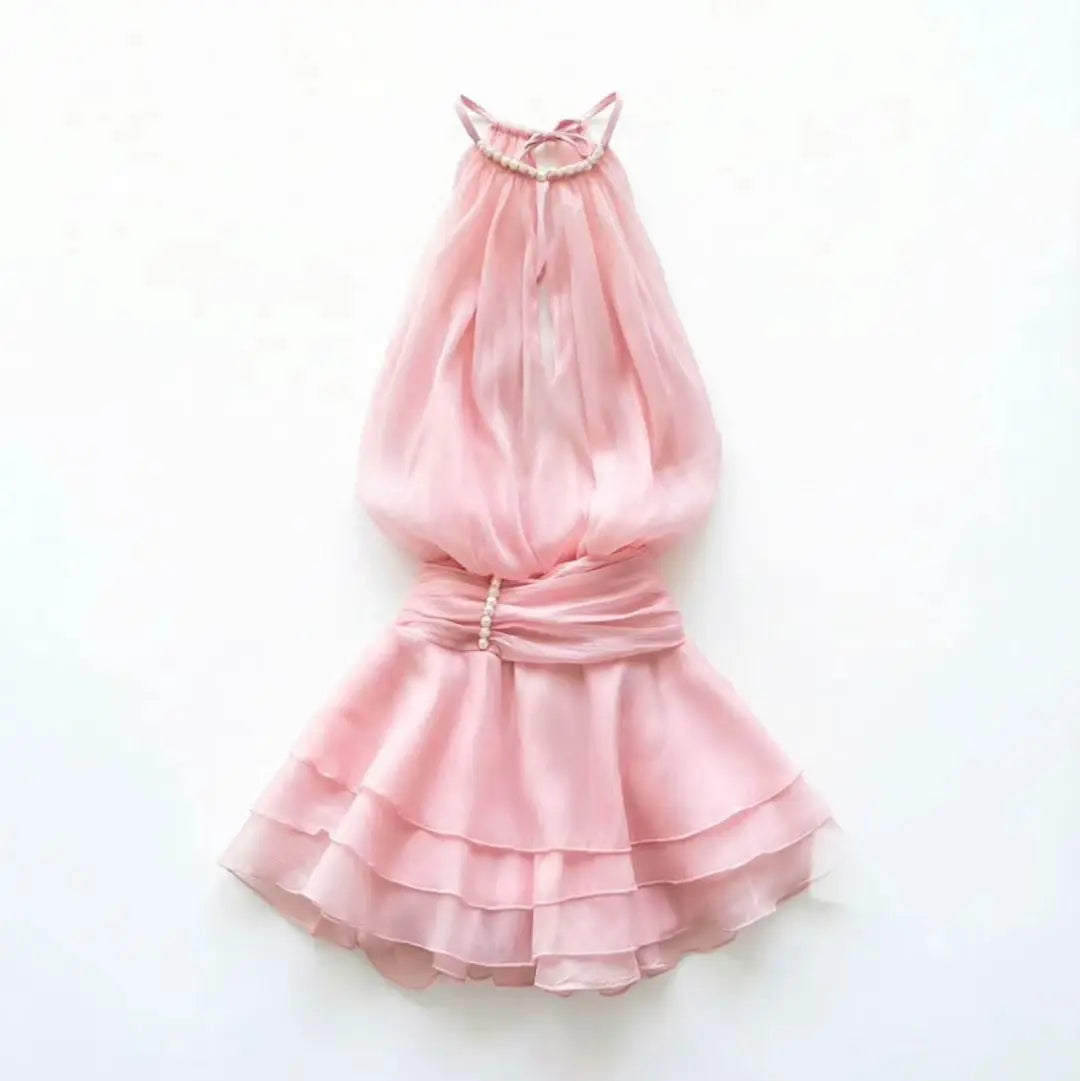 Elegant Pink Pearl Halter Mini Dress for Women – Sleeveless Layered Ruffle Chiffon A-Line Party Dress