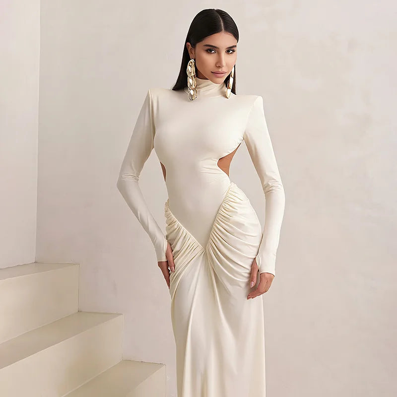 Elegant Ivory Long Sleeve Cut-Out Maxi Dress – High Neck Ruched Bodycon Evening Gown for Women
