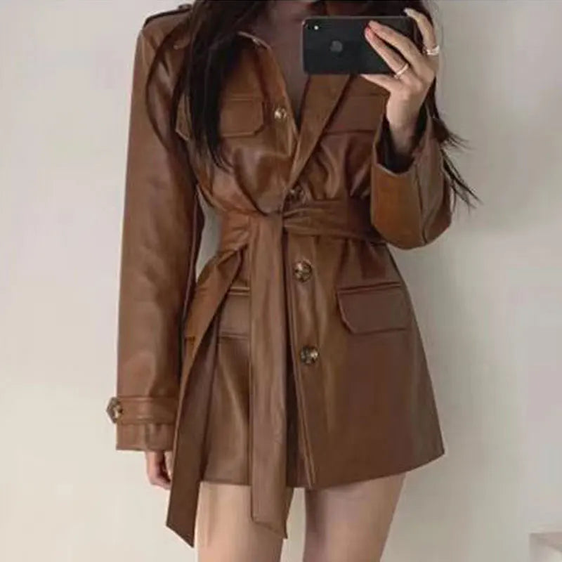 Black Faux Leather Trench Coat Dress with Belt – Chic Women’s Jacket