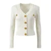 Vintage French Style V-neckline Long Sleeve Single-breasted Office Wear Women Solid Slim Fitted Knit Cardigan.