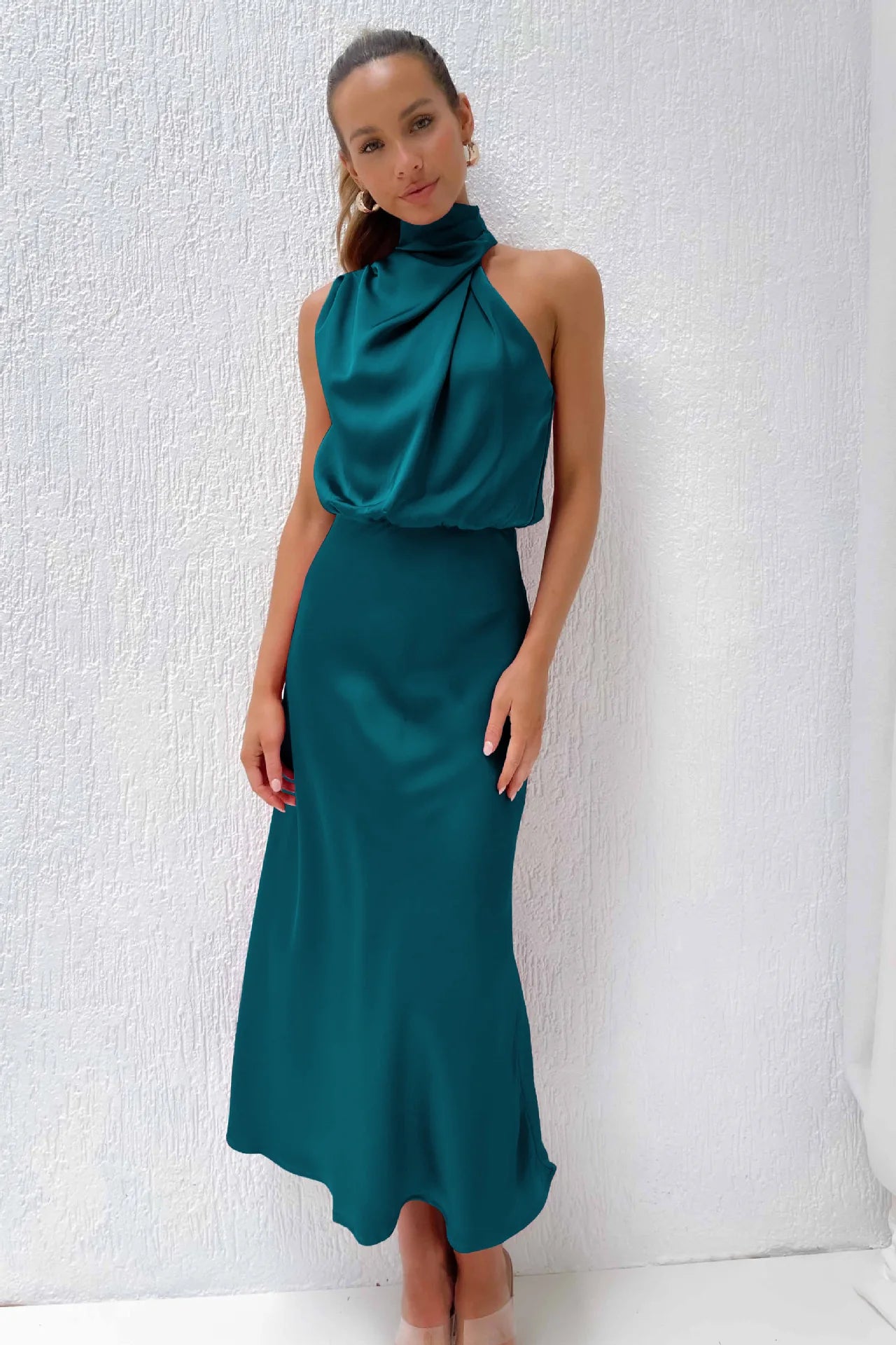 Elegant Satin Halter Midi Dress for Women – Luxury High Neck Sleeveless A-Line Party & Wedding Guest Dress | Modern Blend Boutique