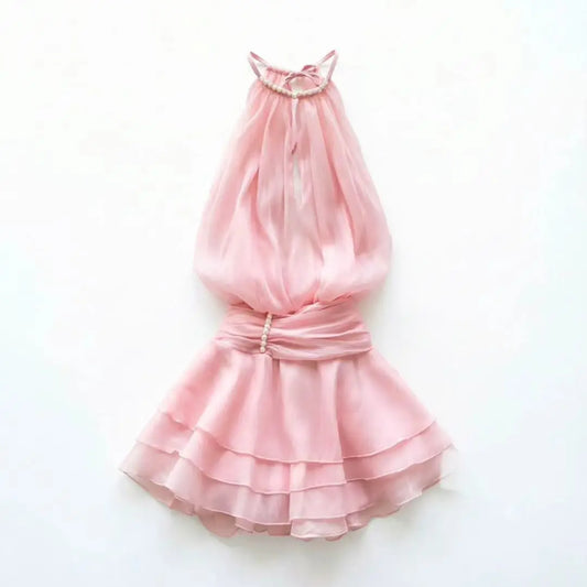 Elegant Pink Pearl Halter Mini Dress for Women – Sleeveless Layered Ruffle Chiffon A-Line Party Dress