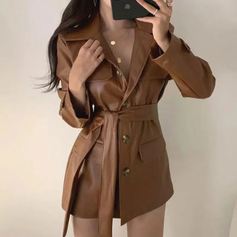 Black Faux Leather Trench Coat Dress with Belt – Chic Women’s Jacket