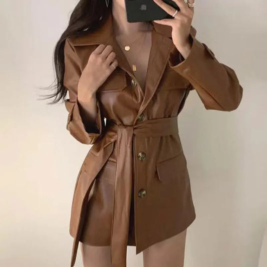Black Faux Leather Trench Coat Dress with Belt – Chic Women’s Jacket